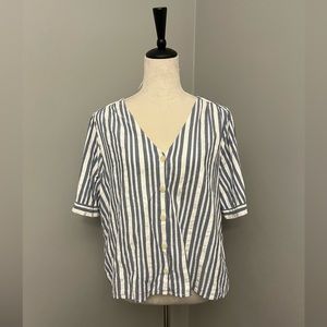 MADEWELL Striped Short-Sleeved Button-down V-neck Cotton Blend Blouse - Size 2X